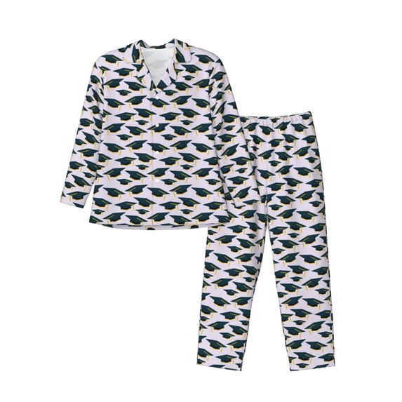 Lsque Graduation Hats Pattern Long Sleeve Pajama Set for Men - Soft 2-Piece Sleepwear and Loungewear Set with Pockets, Comfy Nightwear-Large