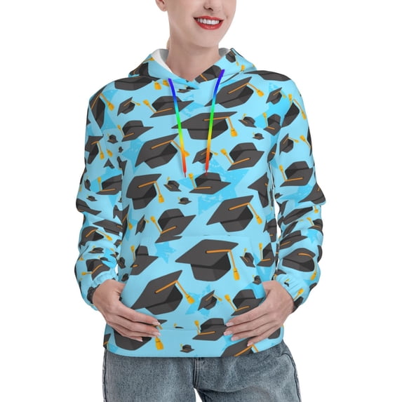 Lsque Graduation Hats1 Pattern Casual Women's Hoodie,Hooded Sweatshirt with Kangaroo Pocket,Pullover Hoodie with Eye-catching Drawstrings-X-Large