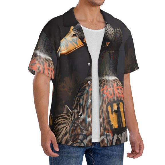 Lsque Graffiti Cool Duck print Men's Cuban Collar Short Sleeve Shirt Summer Beachwear Casual Button Down Fashionable Vacation Leisure Shirt-3X-Large