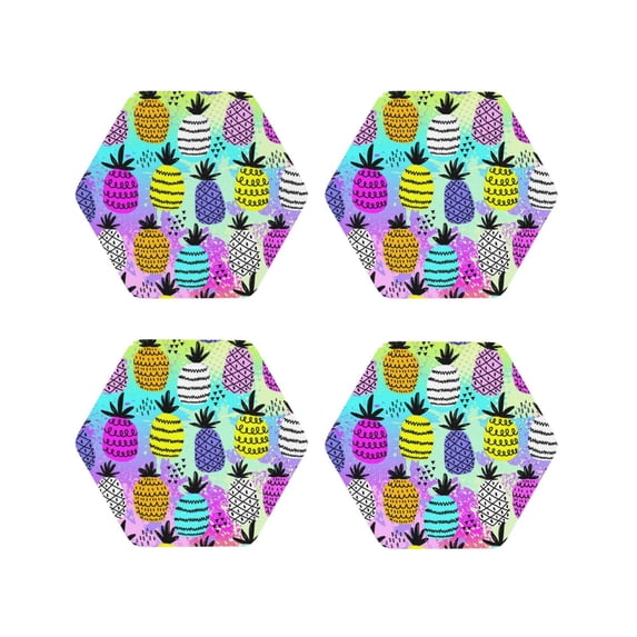 Lsque Graffiti Pineapples Pattern 4" Drink Coasters Set of 4, PVC Leather Absorbent Coasters, Table Coaster Set Decorative Coffee Cup Coasters Housewarming Gift -Hexagon