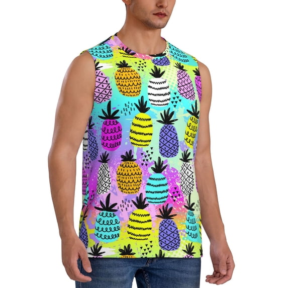 Lsque Graffiti Pineapples Print Men's Cotton Blend Sleeveless Muscle Shirts (S-3XL)- Moisture Wicking, Odor Protection, UPF 30+,XX-Large