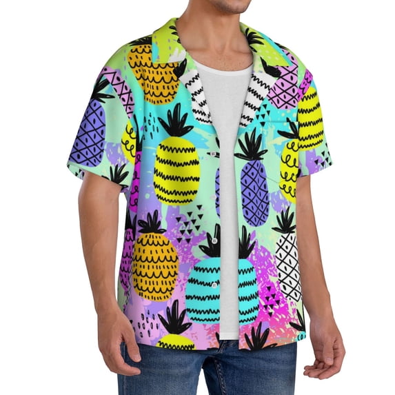 Lsque Graffiti Pineapples print Men's Cuban Collar Short Sleeve Shirt Summer Beachwear Casual Button Down Fashionable Vacation Leisure Shirt-3X-Large