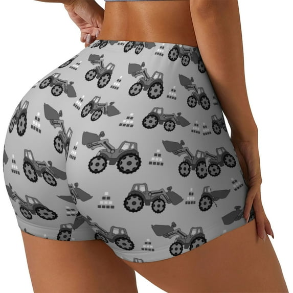 Lsque Gray Tractor Pattern High Waisted Biker Shorts for Women-Tummy Control Fitness Athletic Workout Running Yoga Gym Shorts,Moisture-Wicking-Large