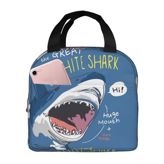 Lsque Great White Shark Pattern Lunch Bag Women/Men Insulated Lunch Box,Small Leakproof Cooler Food Lunch Containers Reusable High Capacity Lunch Tote Bags