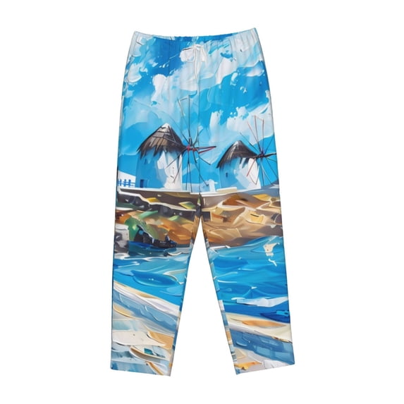 Lsque Greek Island Windmills Painting Print Women's Pajama Pants, Lounge Pant - Comfortable Home Wear,Elastic Waistband, Stylish Design-Medium