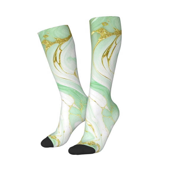 Lsque Green And Gold Abstract Marble Printed Crew Socks Men's Women's LightWeight Thin Casual Calf Socks ,Knee High Socks,Cotton Socks