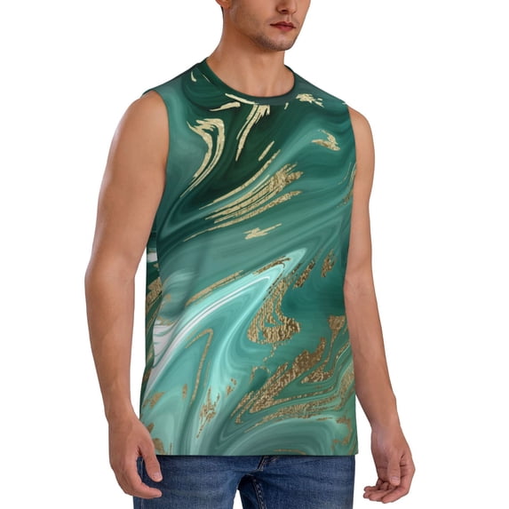 Lsque Green And Gold Marble Print Men's Cotton Blend Sleeveless Muscle Shirts (S-3XL)- Moisture Wicking, Odor Protection, UPF 30+,X-Large