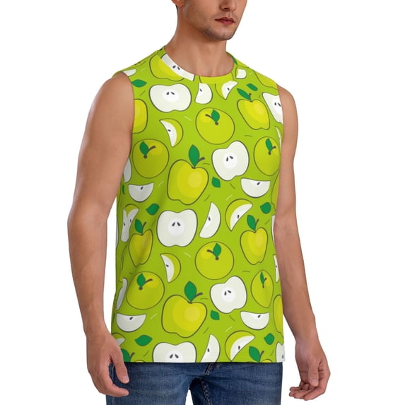 Lsque Green Apple Print Men's Cotton Blend Sleeveless Muscle Shirts (S-3XL)- Moisture Wicking, Odor Protection, UPF 30+,Small