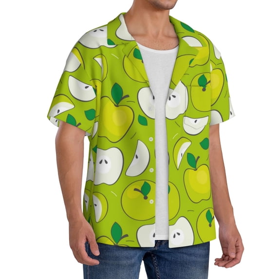 Lsque Green Apple print Men's Cuban Collar Short Sleeve Shirt Summer Beachwear Casual Button Down Fashionable Vacation Leisure Shirt-X-Large