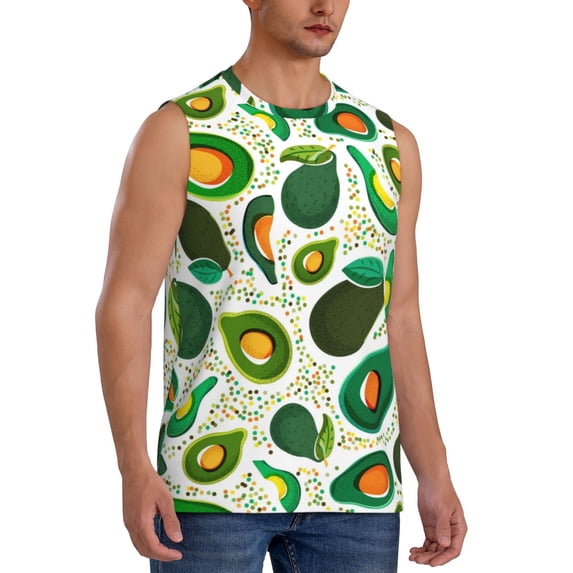 Lsque Green Avocado Print Men's Cotton Blend Sleeveless Muscle Shirts (S-3XL)- Moisture Wicking, Odor Protection, UPF 30+,Medium
