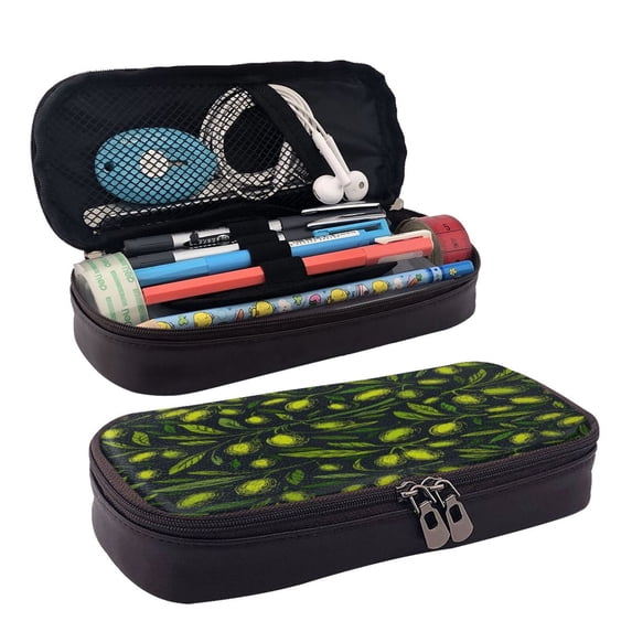 Lsque Green Branch Olive Printed Big Capacity PU Leather Pencil Case Large Pencil Pouch Stationery Pen Bag Pencil Holder for Teen