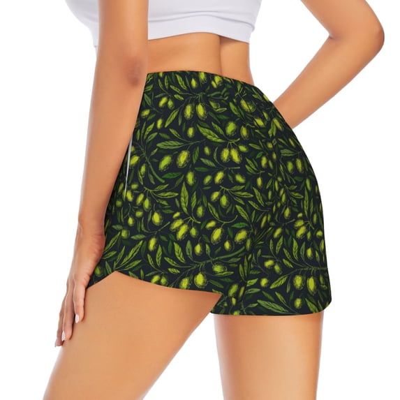 Lsque Green Branch Olive Printed Women's Running Shorts with Liner Pockets,Elastic Quick Dry Workout Athletic Gym Yoga Shorts,Womens High Waist Shorts-Medium