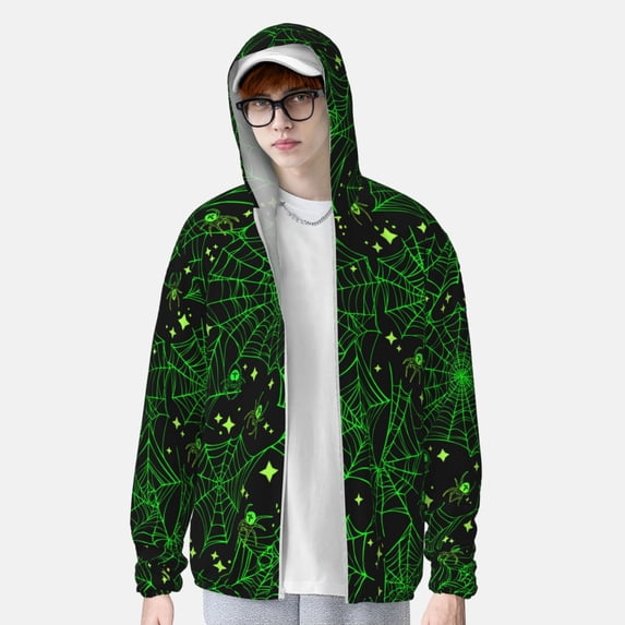 Lsque Green Bright Web with Spiders UPF 50+ Lightweight Sun Protection Men's Women's Long Sleeve Shirt, Hoodie Performance -XX-Large