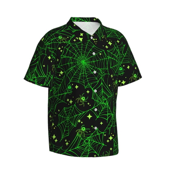 Lsque Green Bright Web with Spiders pattern Hawaiian Shirt for Men, Unisex Summer Beach Casual Short Sleeve Button Down Shirts-Large