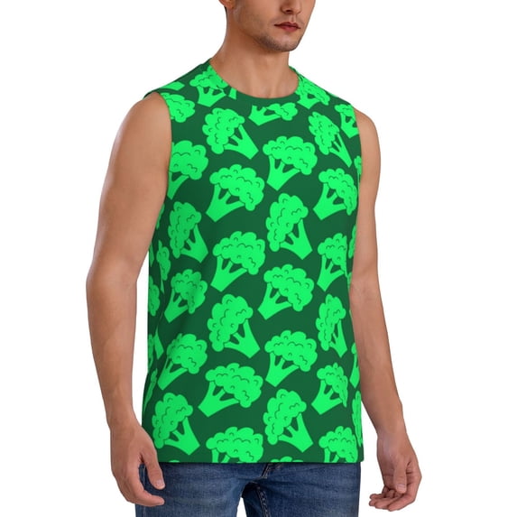 Lsque Green Broccoli Print Men's Cotton Blend Sleeveless Muscle Shirts (S-3XL)- Moisture Wicking, Odor Protection, UPF 30+,Medium
