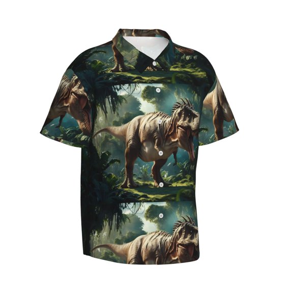 Lsque Green Forest Dinosaur pattern Hawaiian Shirt for Men, Unisex Summer Beach Casual Short Sleeve Button Down Shirts-Small