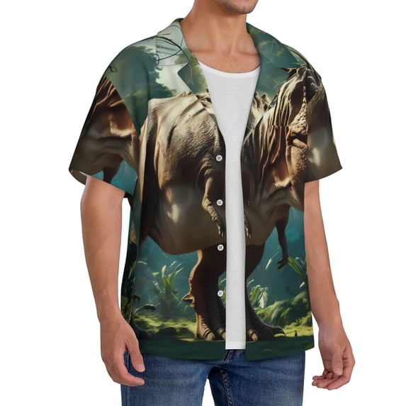 Lsque Green Forest Dinosaur print Men's Cuban Collar Short Sleeve Shirt Summer Beachwear Casual Button Down Fashionable Vacation Leisure Shirt-3X-Large
