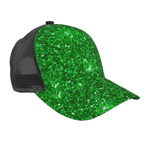 Lsque Green Glitter Printed Trucker Hat - Baseball Cap for Men Women - Breathable Mesh Side, Adjustable Fit - for Casual Wear