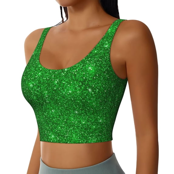 Lsque Green Glitter Printed Women'S Sports Bra, Compression, Moisture Wicking, High-Impact Sports Bra For Women,Supportive sports bra-X-Large