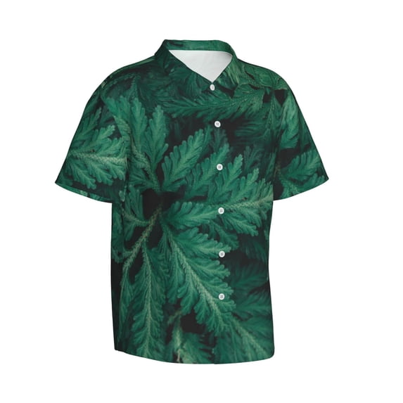Lsque Green Leave Fern pattern Hawaiian Shirt for Men, Unisex Summer Beach Casual Short Sleeve Button Down Shirts-Small