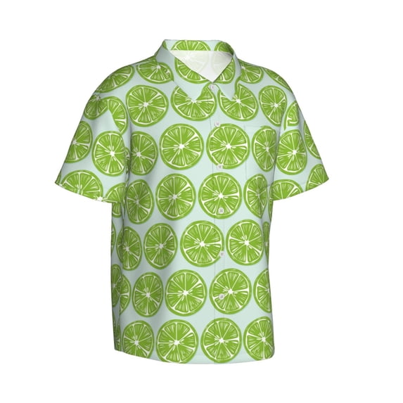 Lsque Green Lemon Slices pattern Hawaiian Shirt for Men, Unisex Summer Beach Casual Short Sleeve Button Down Shirts-XX-Large