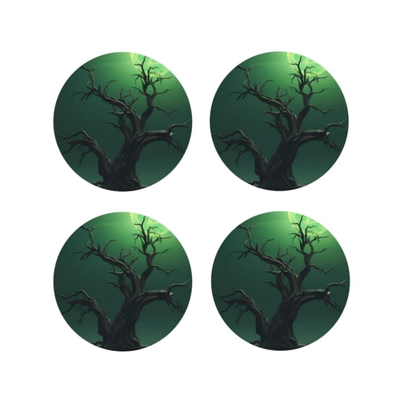 Lsque Green Night Sky Moon Branches Pattern 4" Drink Coasters Set of 4, PVC Leather Absorbent Coasters, Table Coaster Set Decorative Coffee Cup Coasters Housewarming Gift -Round Shape
