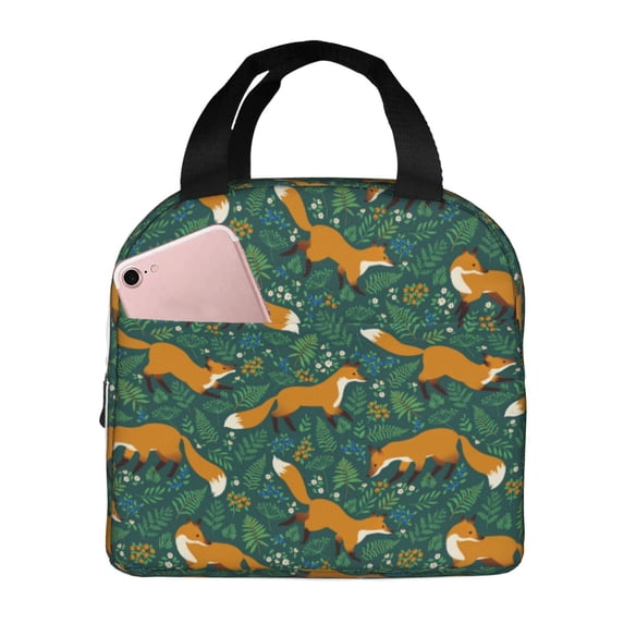 Lsque Green Plants with Fox Pattern Lunch Bag Women/Men Insulated Lunch Box,Small Leakproof Cooler Food Lunch Containers Reusable High Capacity Lunch Tote Bags