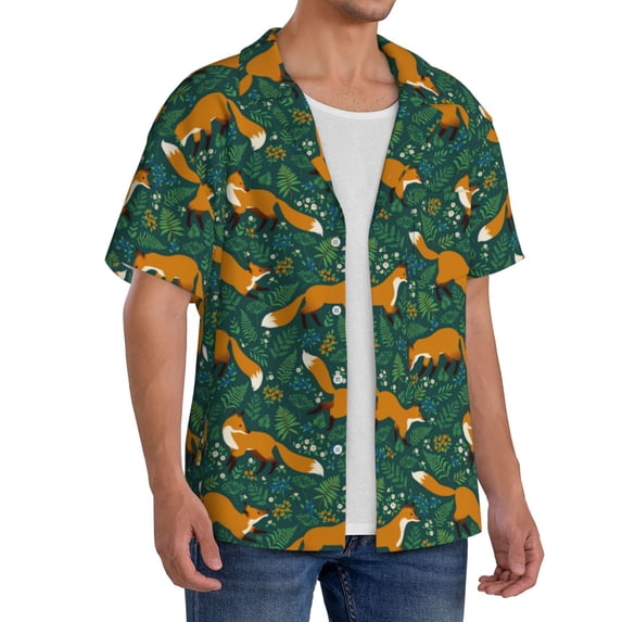 Lsque Green Plants with Fox print Men's Cuban Collar Short Sleeve Shirt Summer Beachwear Casual Button Down Fashionable Vacation Leisure Shirt-Small