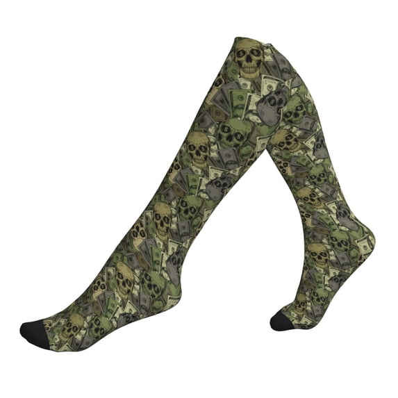 Lsque Green Skulls Pattern Sport Compression Socks for Men & Women 15-20 mmHg Knee High Nurse Pregnant Running Medical and Travel Athletic