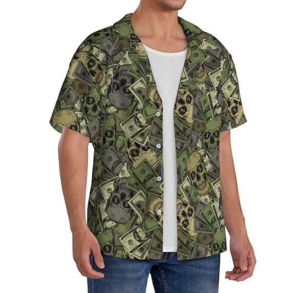 Lsque Green Skulls print Men's Cuban Collar Short Sleeve Shirt Summer Beachwear Casual Button Down Fashionable Vacation Leisure Shirt-XX-Large