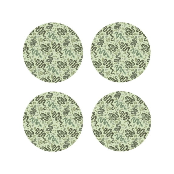 Lsque Green Snake Pattern 4" Drink Coasters Set of 4, PVC Leather Absorbent Coasters, Table Coaster Set Decorative Coffee Cup Coasters Housewarming Gift -Round Shape