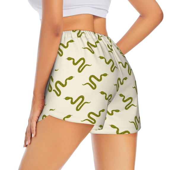 Lsque Green Snake Printed Women's Running Shorts with Liner Pockets,Elastic Quick Dry Workout Athletic Gym Yoga Shorts,Womens High Waist Shorts-Large