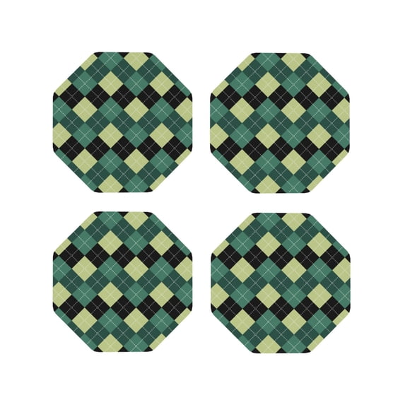 Lsque Green Squares Pattern 4" Drink Coasters Set of 4, PVC Leather Absorbent Coasters, Table Coaster Set Decorative Coffee Cup Coasters Housewarming Gift -Octagon
