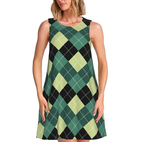Lsque Green Squares Pattern Summer Dresses for Women – Sleeveless T-Shirt Swing Sundress, Perfect for the Beach and Casual Days