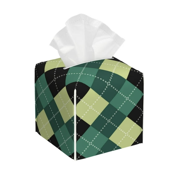 Lsque Green Squares Printed Tissue Box Cover Holder, Facial Paper Organizer Dispenser,Square with Bottom Belt, PVC Leather Decorative Organizer
