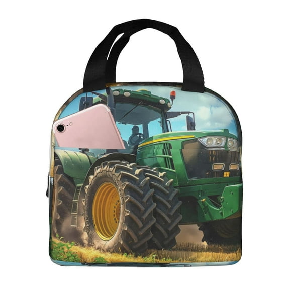 Lsque Green Tractor Field Pattern Lunch Bag Women/Men Insulated Lunch Box,Small Leakproof Cooler Food Lunch Containers Reusable High Capacity Lunch Tote Bags
