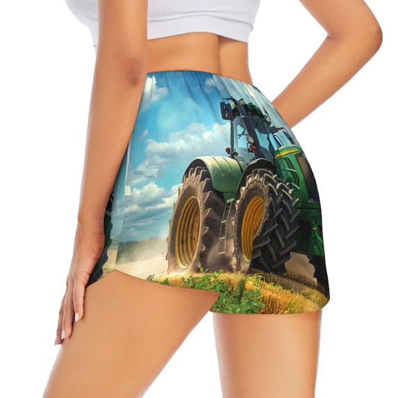 Lsque Green Tractor Field Printed Women's Running Shorts with Liner Pockets,Elastic Quick Dry Workout Athletic Gym Yoga Shorts,Womens High Waist Shorts-Large
