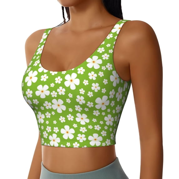 Lsque Green White Flowers Printed Women'S Sports Bra, Compression, Moisture Wicking, High-Impact Sports Bra For Women,Supportive sports bra-Large