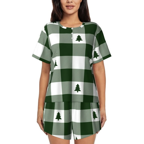 Lsque Green White Lumberjack Plaid Women's Short-Sleeved Pajama Set - 2 Piece Soft and Lightweight Sleepwear Set-XX-Large