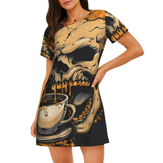 Lsque Grim Coffee Skull Pattern Nightgowns for Women Sleep Shirts Short Sleeve Nightshirt Pullover Nightdress Soft Sleepwear Relaxed Fit Nightdress