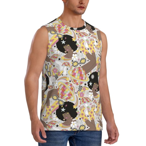 Lsque Groovy Disco Print Men's Cotton Blend Sleeveless Muscle Shirts (S-3XL)- Moisture Wicking, Odor Protection, UPF 30 ,3X-Large