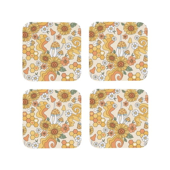Lsque Groovy Hippie Flower Mushrooms Pattern 4" Drink Coasters Set of 4, PVC Leather Absorbent Coasters, Table Coaster Set Decorative Coffee Cup Coasters Housewarming Gift -Square
