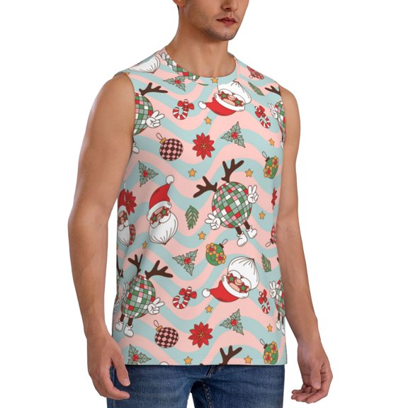 Lsque Groovy Retro Santa Print Men's Cotton Blend Sleeveless Muscle Shirts (S-3XL)- Moisture Wicking, Odor Protection, UPF 30 ,XX-Large