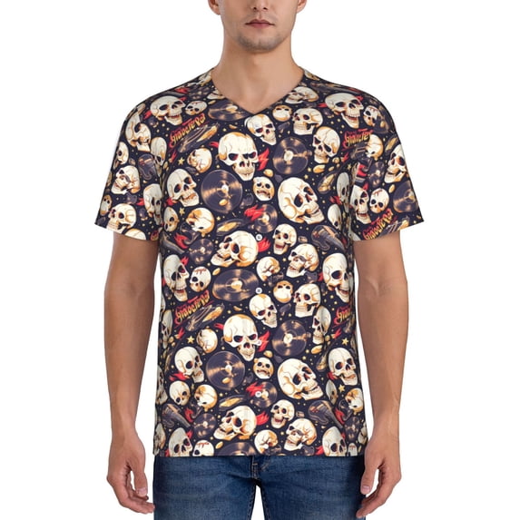 Lsque Guitar Skull record Pattern Mens Polo Golf Shirts Funny Graphics Shorts Sleeve Button Shirts Baseball T-shirt-4X-Large