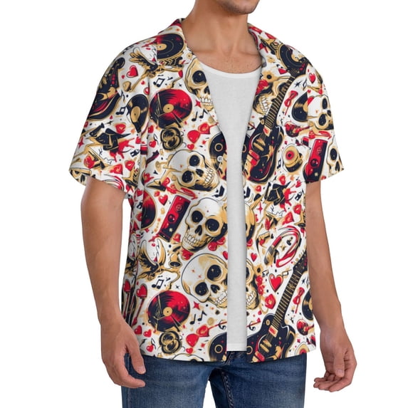 Lsque Guitar Skull rock print Men's Cuban Collar Short Sleeve Shirt Summer Beachwear Casual Button Down Fashionable Vacation Leisure Shirt-Large