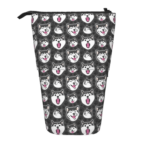 Lsque HUSKY Face Pattern Telescopic Pencil Bag Pen Holder Stationery Case, Stand-up Retractable Transformer Bag Organizer