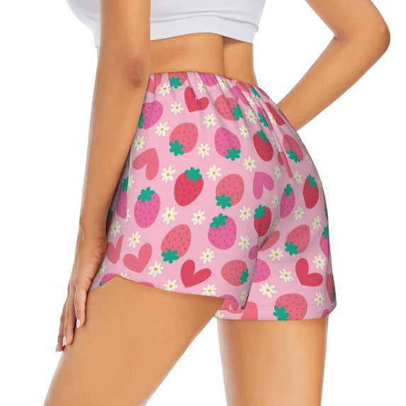 Lsque Haear Strawberry Printed Women's Running Shorts with Liner Pockets,Elastic Quick Dry Workout Athletic Gym Yoga Shorts,Womens High Waist Shorts-Small
