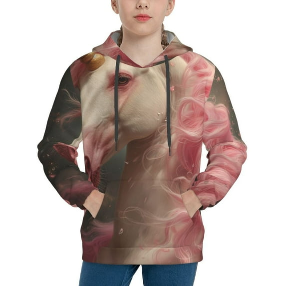 Lsque Haired White Horse Patten Youth Hoodie Sweatshirt Pullover with Kangaroo Pocket Boys and Girls Hoodie Warm Hoodie for Kids-X-Large
