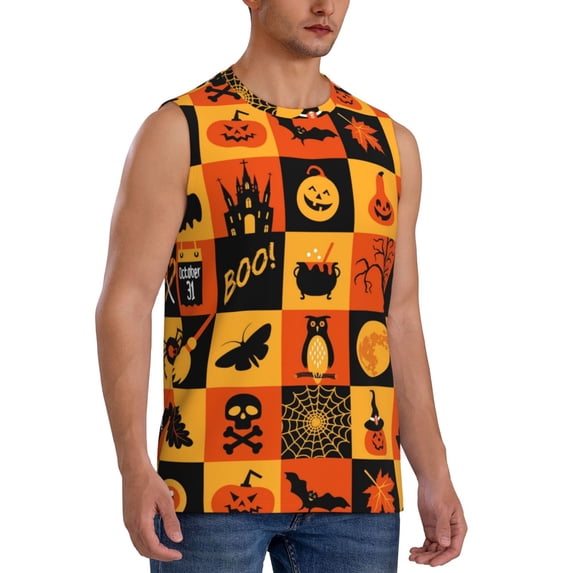 Lsque Halloween Banner Symbols Print Men's Cotton Blend Sleeveless Muscle Shirts (S-3XL)- Moisture Wicking, Odor Protection, UPF 30+,Medium