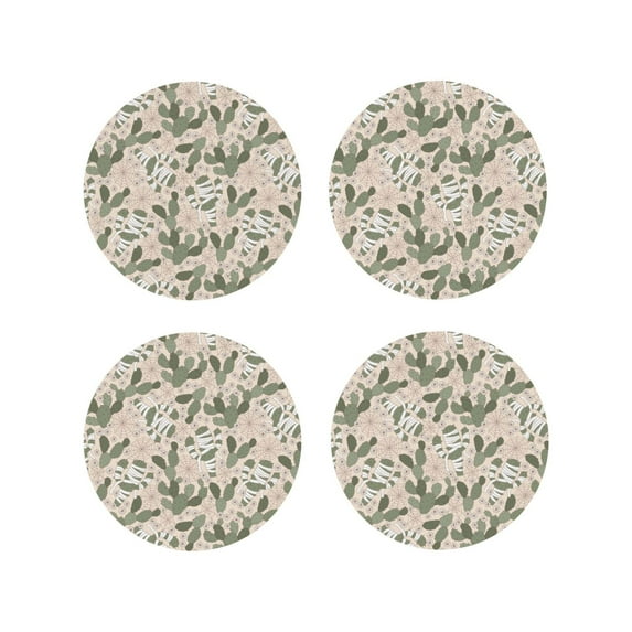 Lsque Halloween Cactus Pattern 4" Drink Coasters Set of 4, PVC Leather Absorbent Coasters, Table Coaster Set Decorative Coffee Cup Coasters Housewarming Gift -Round Shape